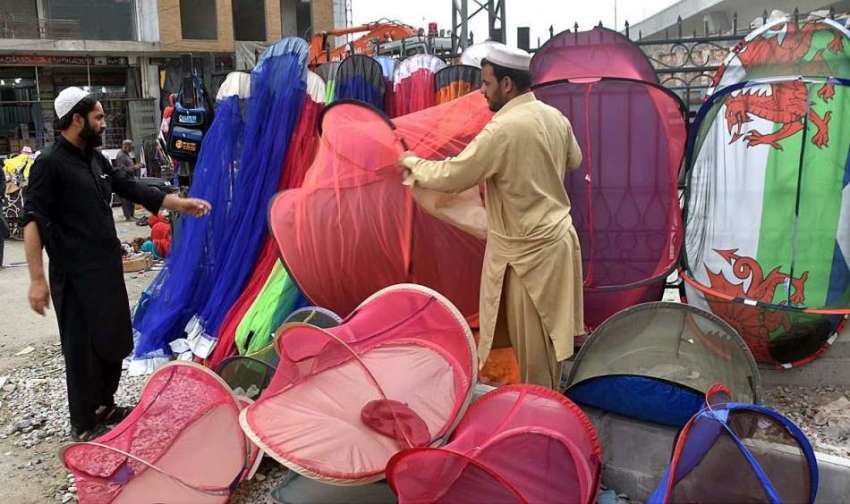 پشاور: محنت کش سڑک کنارے فروخت کے لیے مچھردانیاں سجا رہا ..