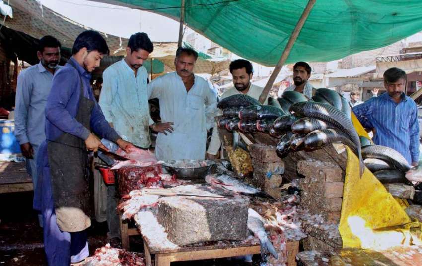 ملتان: فش مارکیٹ گاہک دکاندار سے مچھلیاں خرید رہے ہیں