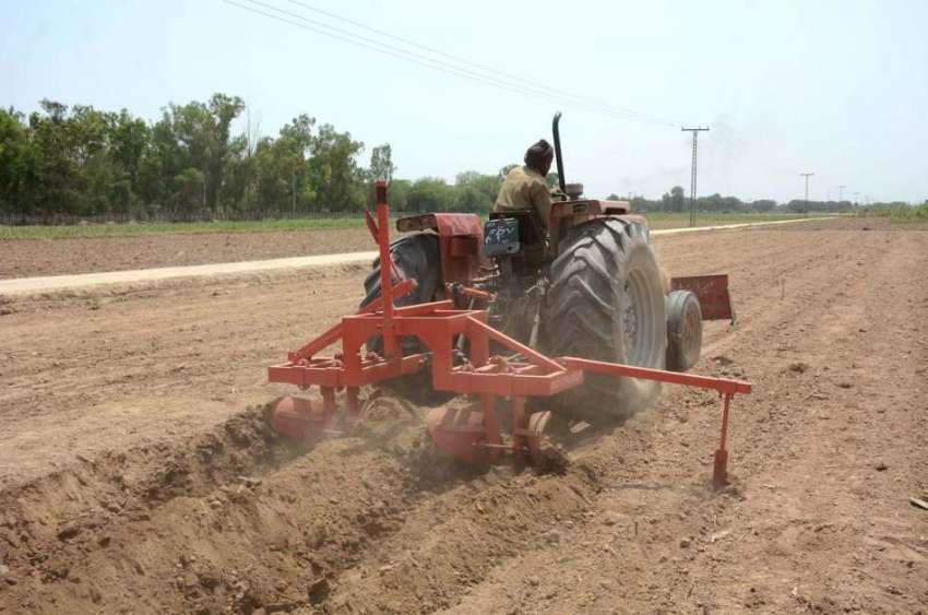 فیصل آباد: کسان ٹریکٹر کی مدد سے کھیت ہموار کر رہا ہے۔