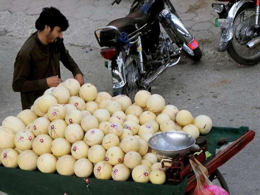 راولپنڈی: ایک پھل فروش نے اپنی ریڑھی پر خربوزے فروخت کے لیے ..