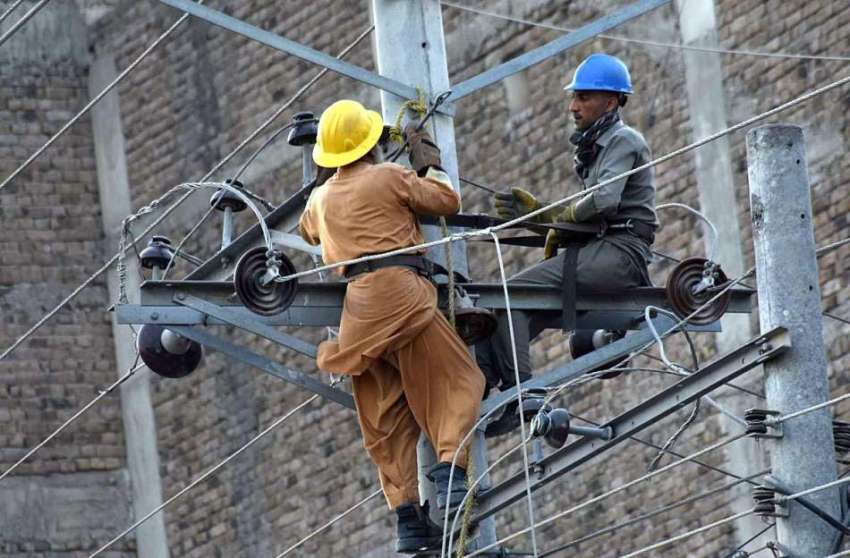 پشاور: واپڈا اہلکار بجلی کی تاریں مرمت کرنے میں مصروف ہیں۔
