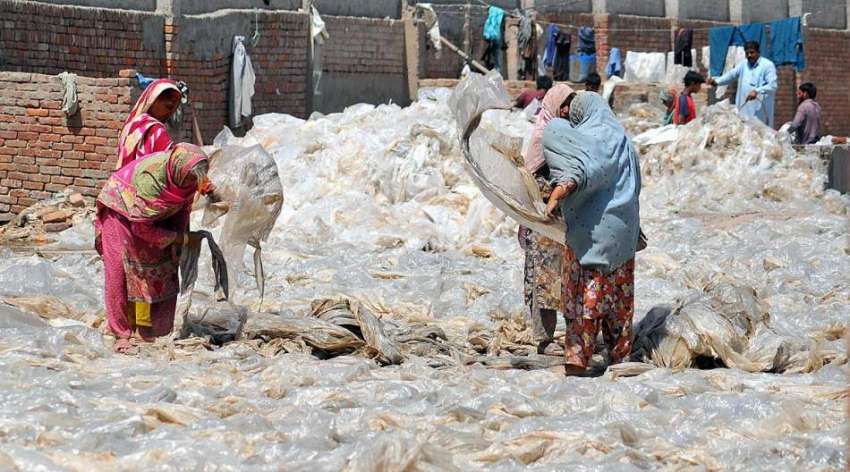 ملتان: محنت کش خواتین پلاسٹک کے بیگ خشک کرنے کے لیے پھیلا ..