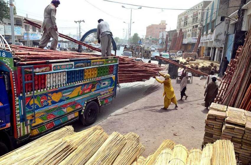 حیدر آباد: محنت کش ٹرک پر بانس لوڈ کر رہے ہیں۔