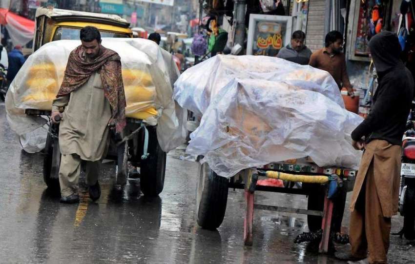 راولپنڈی: محنت کش نے بارش سے بچاؤ کے لیے ریڑھے پر پلاسٹک ..