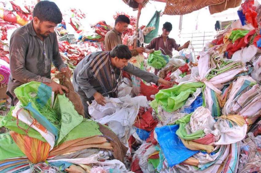 اسلام آباد: مزدور پلاسٹک کے خالی تھیلے چھانٹی کرنے میں مصروف ..