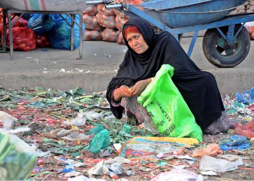 اسلام آباد: سبز ی منڈی میں ایک افغان معمر خاتون کار آمد سبزیاں ..