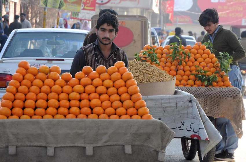 راولپنڈی: پھل فروش سڑک کنارے ریڑھی پر مالٹے سجائے خریداروں ..