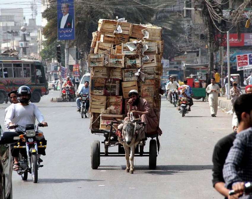 کراچی : محنت کش گدھا گاڑی پرفروٹ کی خالی پیٹیاں فروخت کیلئے ..