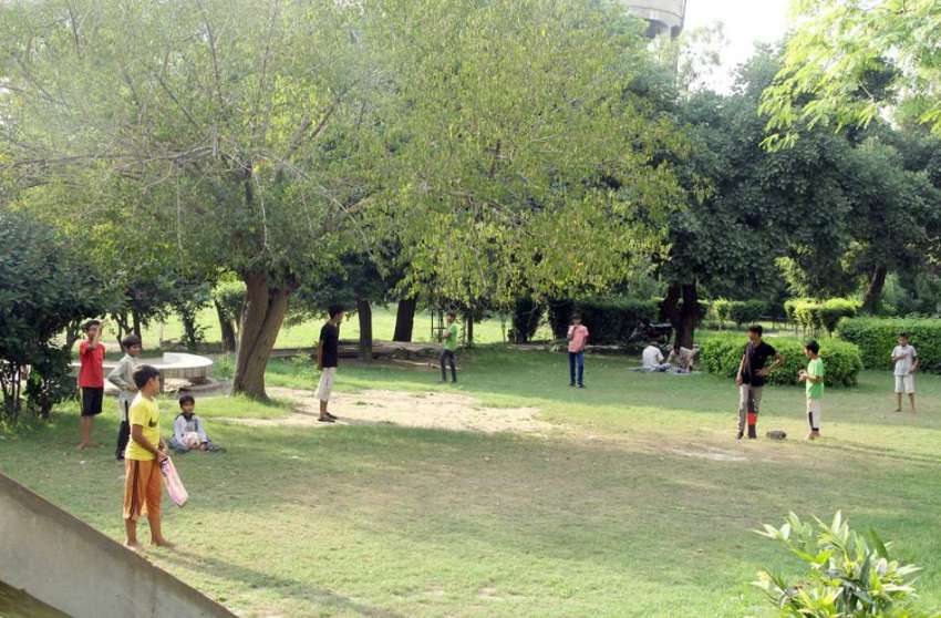 لاہور کے علامہ اقبال ٹاؤن کے منی پارک میں کرکٹ کھیل رہے ہیں۔ ..