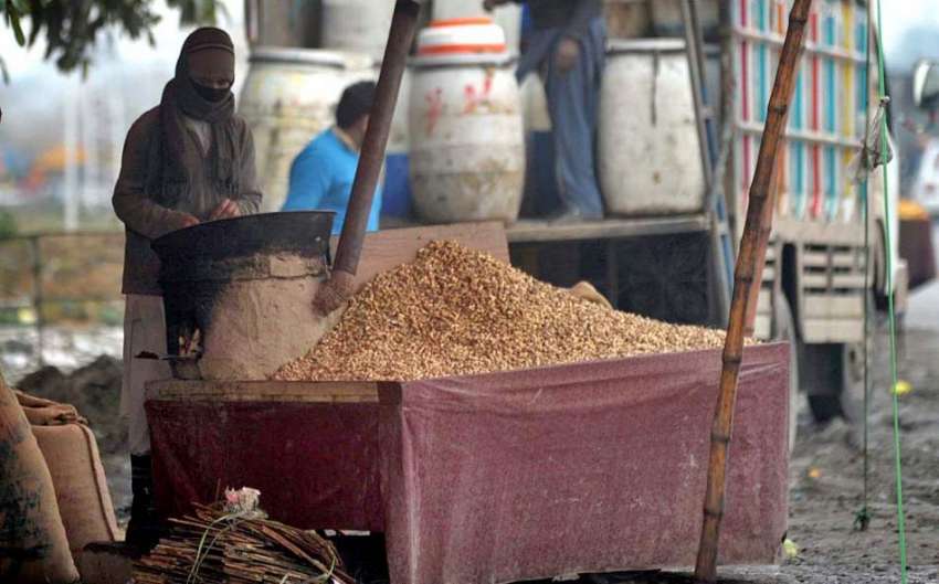 راولپنڈی: گنج منڈی میں سڑک کے کنارے ایک دکاندار مونگ پھلی ..