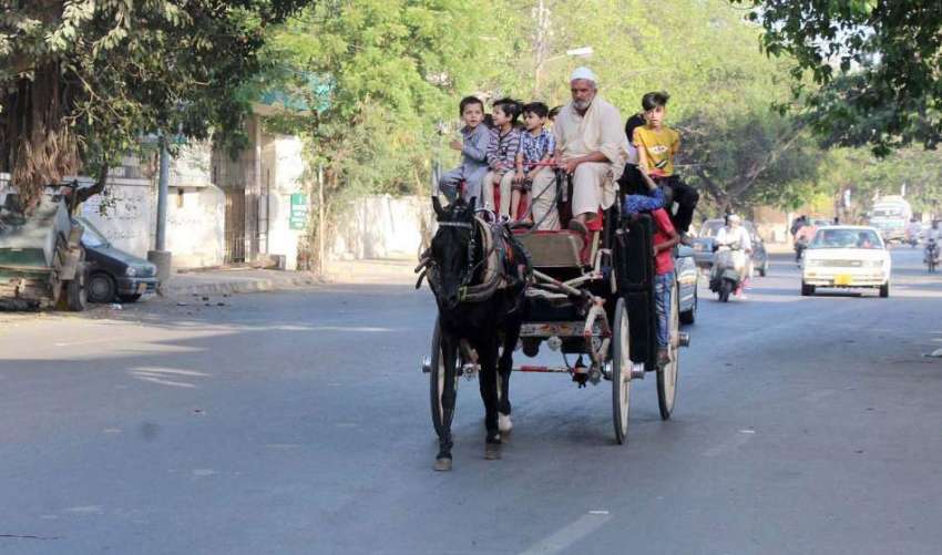 کراچی: لاک ڈوان کے دوران بچے سندھ اسمبلی روڈ پرگھوڑا گاڑی ..