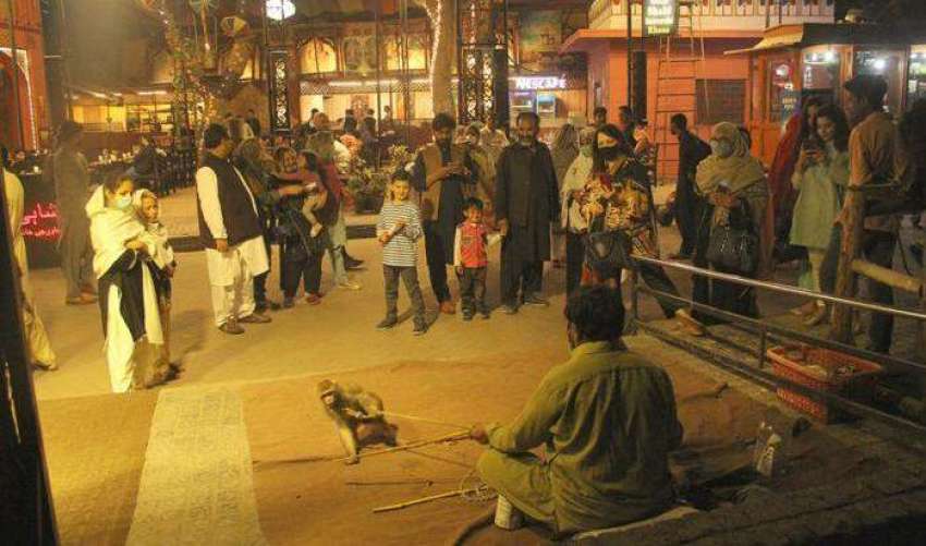 لاہور، فوڈ سٹریٹ میں آئے شہری بندر کا تماشہ دیکھ رہے ہیں۔