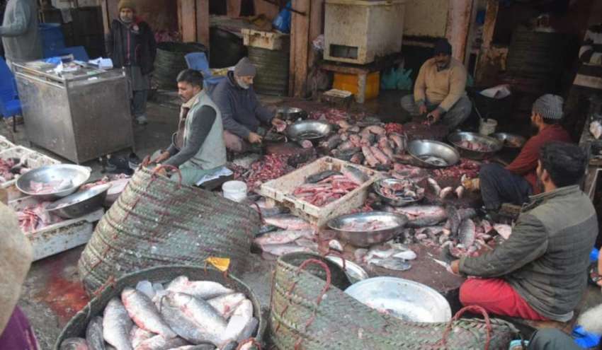 لاہور، دکاندار فروخت کرنے کیلئے مچھلی صاف کر رہے ہیں۔