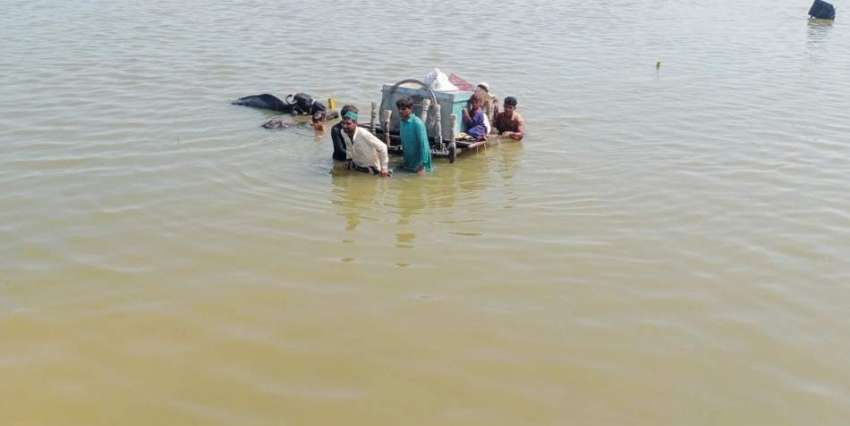 جیکب آباد، سیلاب متاثرہ خاندان گھریلو سامان کے ہمراہ سیلابی ..