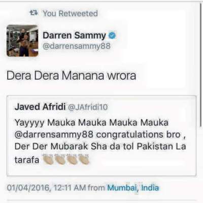 ڈیرن سیمی نے بھارت کیخلا ف جیت کے بعد دوبارہ پشتو میں ٹویٹ کرڈالا