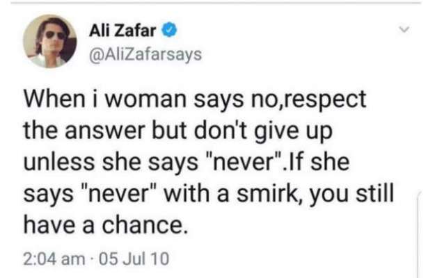 خواتین کی رضا مندی کے حوالے سے ماضی میں کئیے گیا ٹوئیٹ نے علی ظفر کے ..
