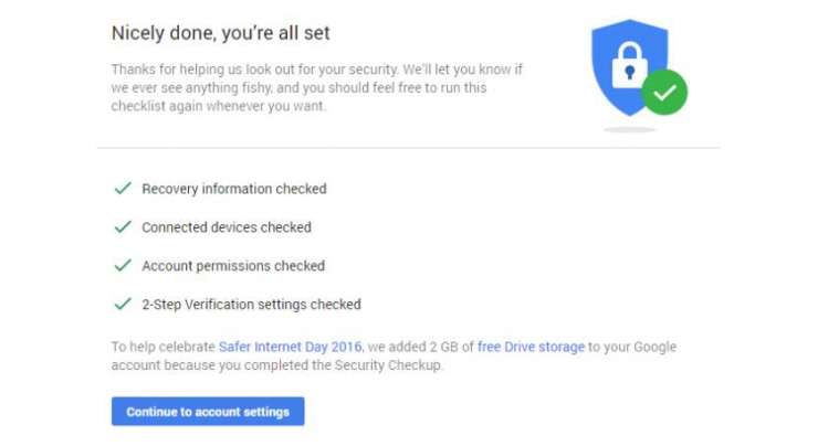 GOOGLE IS GIVING AWAY 2GB OF DRIVE SPACE FOR COMPLETING ITS ACCOUNT SECURITY CHECKUP